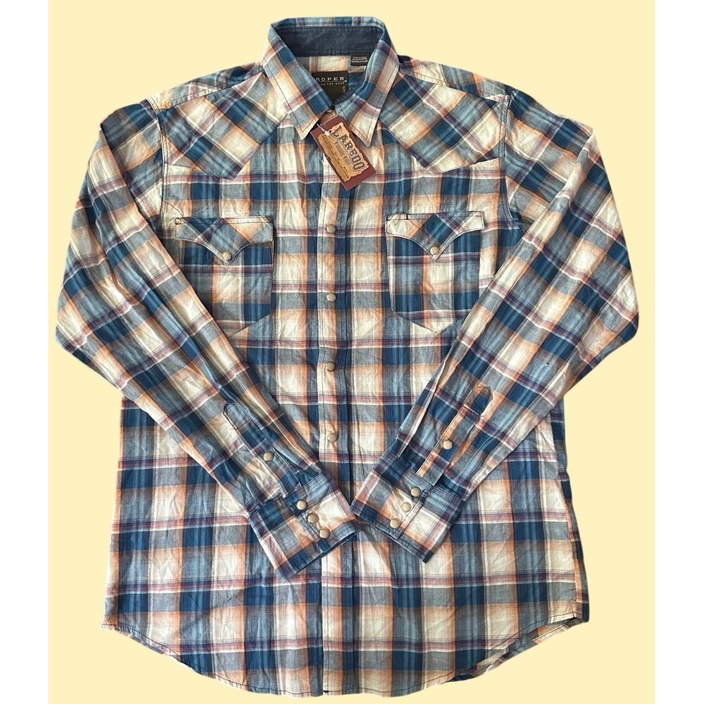 Roper Mens Blue Orange Plaid Western Pearl Snap Shirt Long Sleeve M NWT